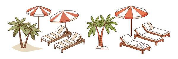 Relaxing Beach Scene with Palm Trees Beach Umbrellas and Lounge Chairs Perfect for Summer Vacation vector