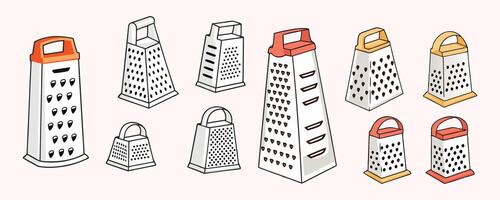 Collection of various kitchen graters different shapes sizes and colors for culinary tasks vector