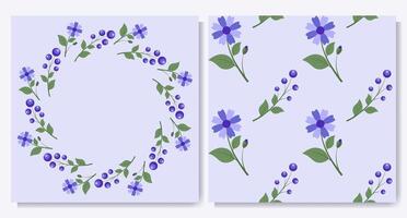 Set of round floral frame and pattern with blue flowers and berries vector