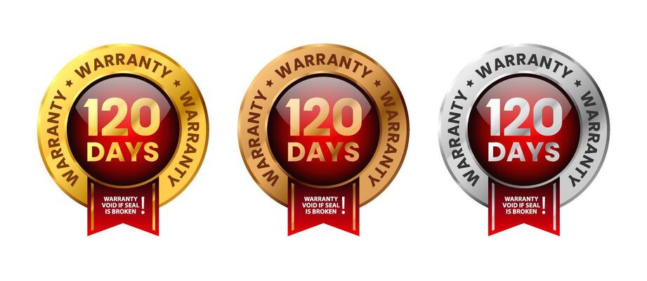 120 days warranty label. For icon, logo, insigna, seal, tag, sign, seal, symbol, badge, stamp, sticker, emblem, banner. Gold, silver, bronze glossy shiney medals with ribbon set illustration