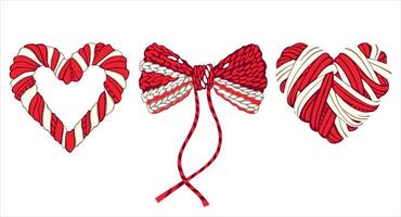 set of red and white knitted hearts and bow isolated on white background vector