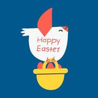 Happy Easter card with a bird in flight with a basket of eggs. hand-draw postcard vector