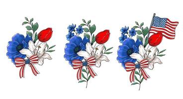 4th July Design. Independence day Illustrations. US Patriotic colors flower bouquet. US flag design with flowers. 4 July design template. vector