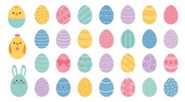 Set of cute colorful decorated Easter eggs with patterns in flat hand drawn style. Easter bunny and chick character eggs. vector