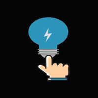 An illustration features a blue light bulb with a white lightning bolt inside, symbolizing power or innovation. A hand with an extended index finger touches the bulb base vector