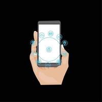 Hand holding smartphone on blue background. Blue icon representing digital security technology element symbolizing connectivity. vector
