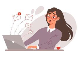 Woman working on laptop with email overload and surprised to receive so many new messages. Newsletter and customer feedback concept. Flat illustration vector