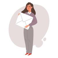 Woman with a large letter in her hands. Concept of sending mail, getting messages and information. illustration vector