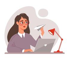Woman sending messages while working on laptop. Business mailing and information receiving concept. Flat illustration vector