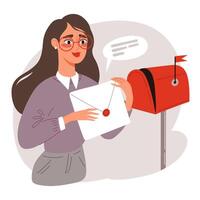 Woman getting letter and checking post box. Sending mail and post correspondence delivery. Getting messages and information concept. Flat illustration vector