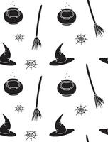 Seamless pattern of black hand drawn doodle sketch witch hat bowl and broom isolated on white background vector