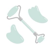 Set of flat cartoon stone face roller and gua sha isolated on white background vector