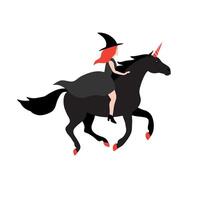 Flat cartoon witch riding unicorn isolated on white background vector