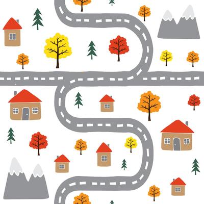 Seamless pattern of autumn hand drawn doodle sketch country houses and trees landscape