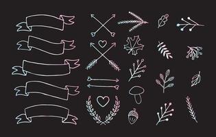 Set bundle of hand drawn doodle sketch autumn elements isolated on black background vector