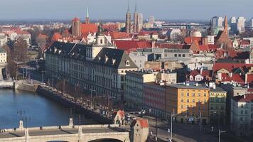 Aerial view of Wroclaw, Poland, showcasing the Oder River, bridges, red roofed buildings, St. Elizabeth's Church, and the University of Wroclaw. Slow pan motion. video