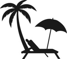 Silhouette of Beach Chair and Umbrella with Palm Tree. Beach Scene Silhouette. vector
