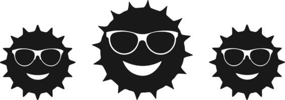 Smiling Sun Icons with Sunglasses for Summer Vibes. Happy Sun Faces with Sunglasses. Summer Theme Silhouette. vector