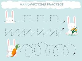 Handwriting practice. Cute rabbit with carrot. Drawing lessons. Education developing worksheet. Activity page. vector