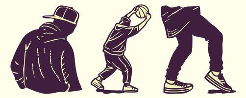 Three different silhouettes of a man in a hat and sneakers vector