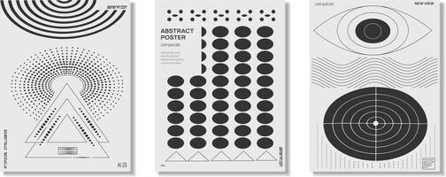 Retro black and white geometric poster, abstract circle, triangle and square line art. vector