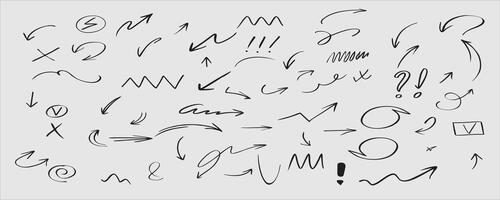 Hand drawn various arrows, ellipses, punctuation marks, direction pointers. Charcoal or pencil drawn rough red elements for diagrams. Swirl lines, swoosh, bubbles, underline element. vector