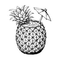 A drawing of a pineapple with a straw in it and an umbrella on top vector