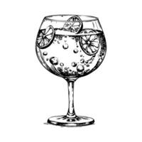A glass of liquid with a slice of lemon in it vector