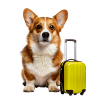 A corgi sitting next to a tiny rolling suitcase png