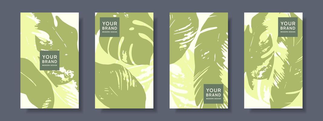Set of tropical covers with abstract leaves, palm tree pattern. Exotic background for brochure, menu template, poster, banner.