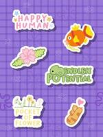 a set of fish, flower and motivational word sticker design vector