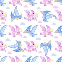 Seamless flying dinosaur pattern with pink and blue pterodactyls and clouds on white background vector