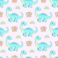 Smiling blue dinosaur seamless pattern with butterflies and rainbows on pink background vector