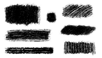 A collection of art featuring bold brush strokes, hand-drawn thick grunge lines, and rectangular shapes. Sketchy bold horizontal lines. Black ink brush strokes and banners. Grunge marker vector
