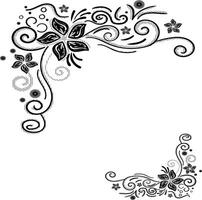 Elegant floral corner border with swirling decorative lines, dotted patterns, and abstract flowers in black and white style. vector