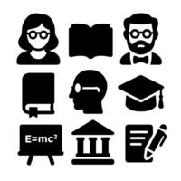 professor icons Set of black education icons featuring students, professors, books, graduation cap, chalkboard, academic building, and writing elements on a white background vector