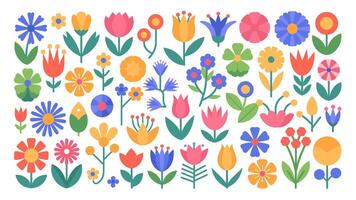 Colorful flat collection of various decorative flowers in bloom with geometric shapes and vibrant petals, displayed on a white background vector