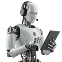Robot assistant with tablet and headset ready to help with technologyisolated on transparent background png