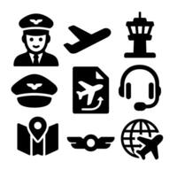 pilot icons set of black aviation icons including pilot, airplane, control tower, flight map, headset, airline ticket, and globe on white background vector