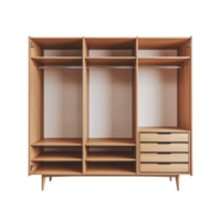 A spacious wooden wardrobe with multiple compartments and drawers isolated on transparent background png