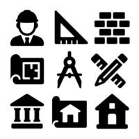 architect icons set of black architecture and construction icons featuring architect, blueprint, ruler, compass, brick wall, house, and drafting tools on white background vector