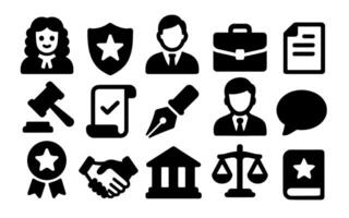 lawyer judge icons set of black legal and law-related icons featuring judge, lawyer, gavel, contract, courthouse, scale of justice, handshake, briefcase, document, pen nib, and shield with star vector