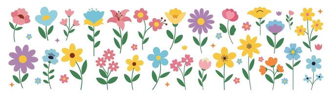 Flat collection of colorful spring flowers in various shapes and sizes with green leaves, arranged on a white background in a playful, hand-drawn style vector