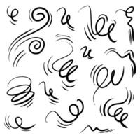 Doodle wind line sketch set. Hand drawn doodle wind movement, air blowing, vortex elements. vector