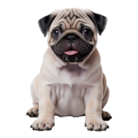 Adorable pug puppy with expressive eyes and tongue sticking out isolated on transparent background png