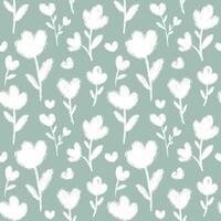 tulips seamless pattern with crayon texture. hand drawn white flowers pattern on green background. design for fabric, wallpaper, wrapping paper, print vector