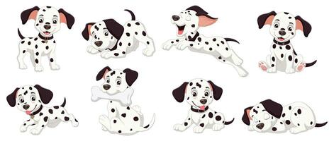 Eight dalmatian puppies engaging in various poses, perfect for petrelated designs, childrens materials, or dogthemed projects that require multiple images. vector