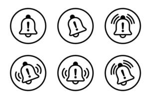 Warning notification bell outline icon set collection on circle line. Danger alarm sign symbol vector