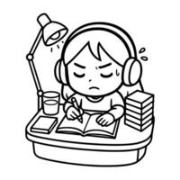 A cartoon illustration of a student wearing headphones, looking stressed while studying at a desk with books and a lamp. Line art. vector