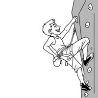 A cheerful man enjoys rock climbing on an indoor textured wall, reaching for the next hold with a smile. Outline illustration. vector